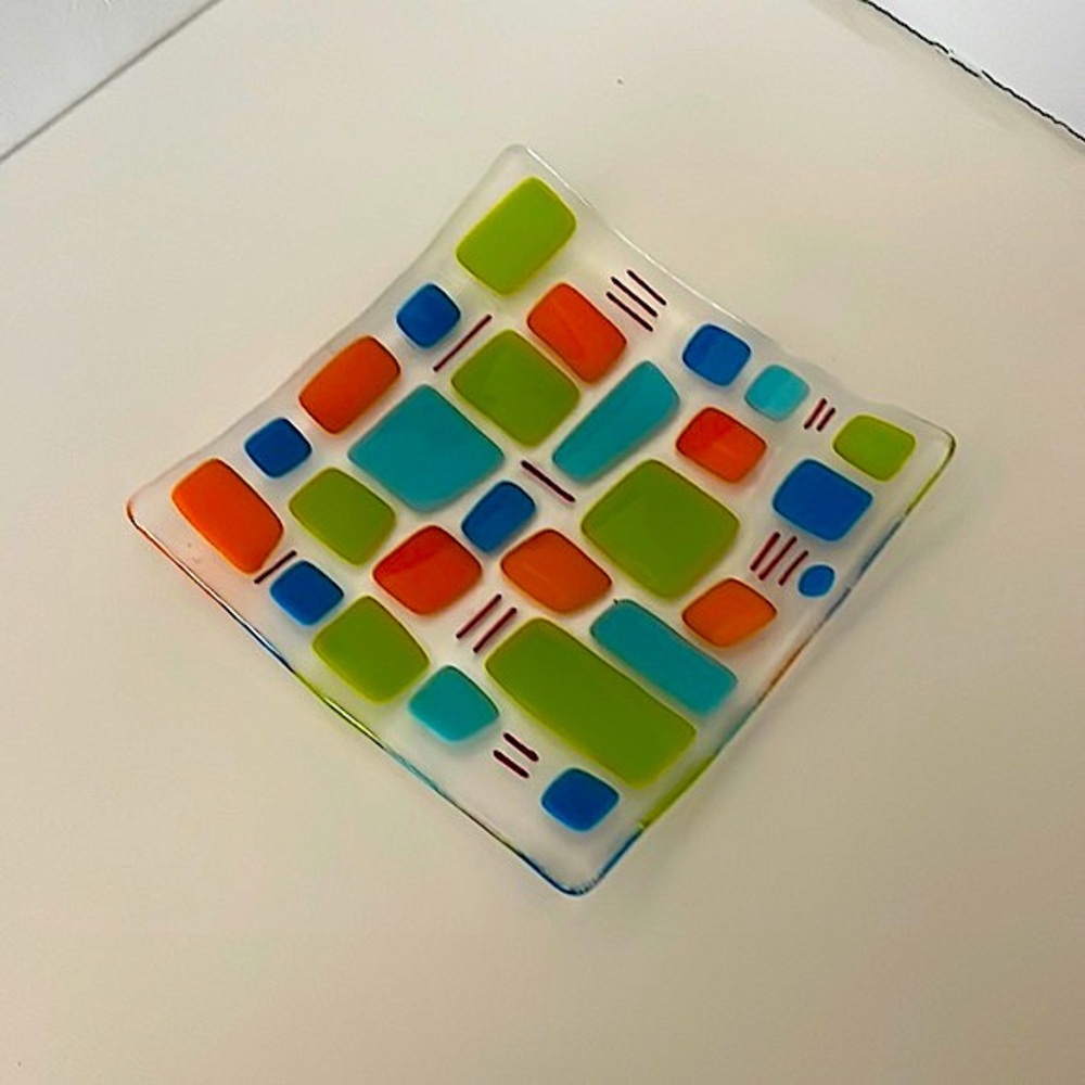 Mid-Century Modern! Glass fused plate with bright geometric designs! FUN COLORS!